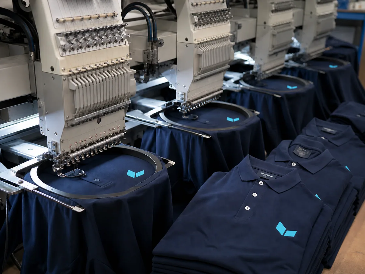 Multi-head embroidery machines decorating navy polo shirts in bulk