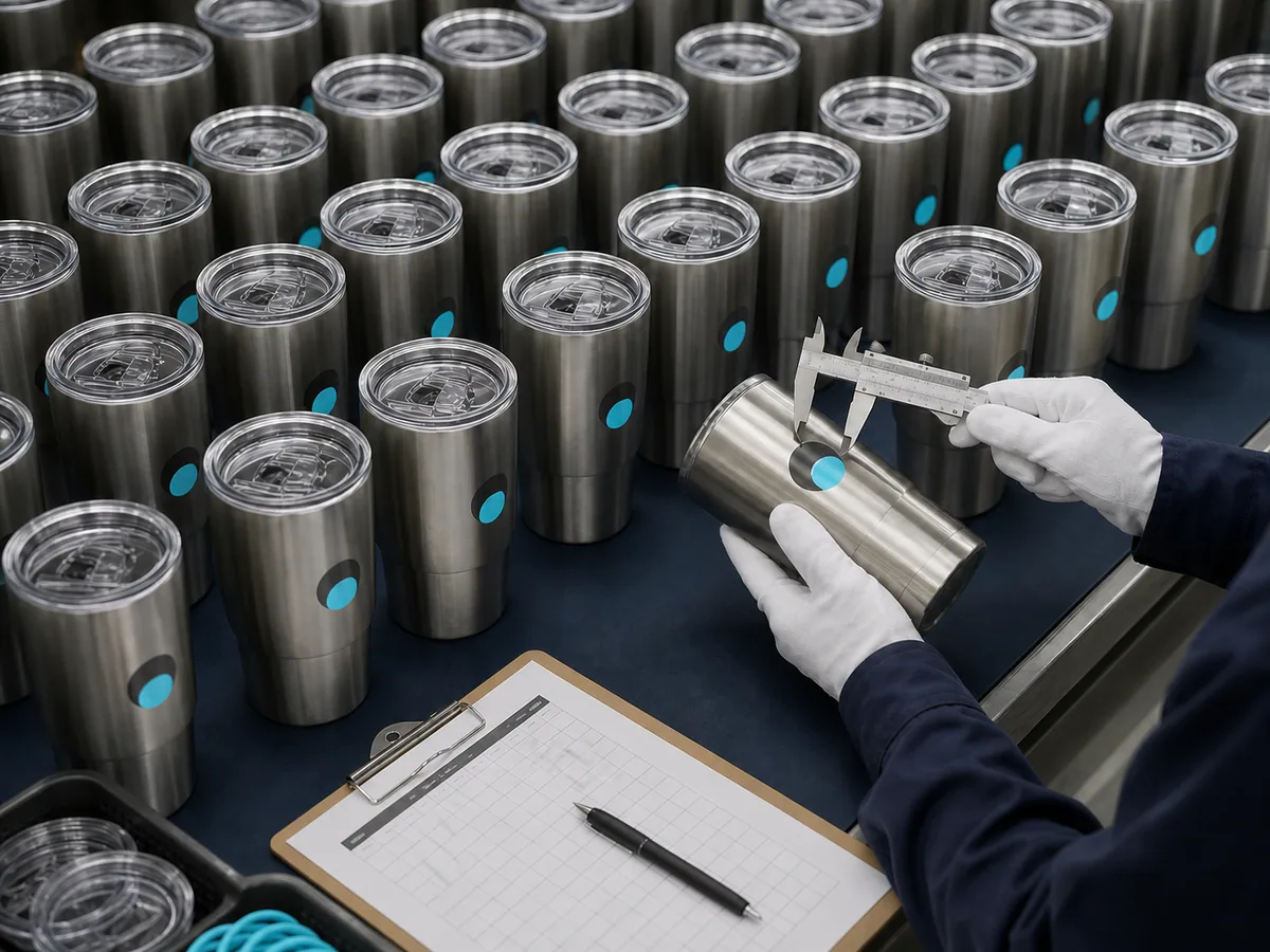 Quality inspector checking branded stainless steel tumblers
